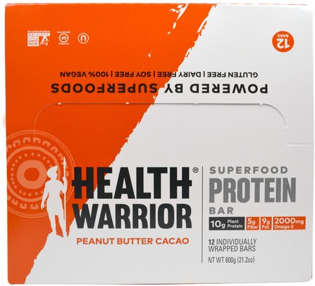 Superfood Protein Bar, Peanut Butter Cacao, 12 Bars, 50 g Each by Health Warrior, 運動，蛋白質棒 HK 香港