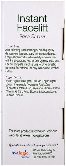 健康，女性，抗衰老 - Hyalogic Instant Facelift Face Serum.47 fl oz (13.5 ml)