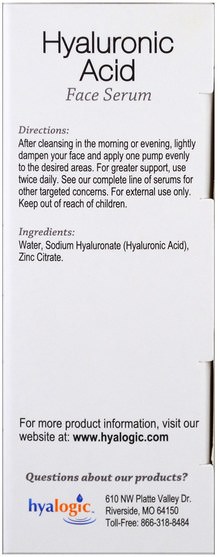 健康，女性，抗衰老 - Hyalogic Pure HA Face Serum.47 fl oz (13.5 ml)