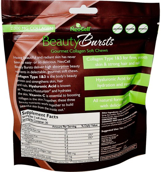 健康，女性，美容，膠原蛋白類型i和iii - Neocell, Beauty Bursts, Gourmet Collagen Soft Chews, Fresh Mint Chocolate, 2.000 mg, 60 Soft Chews