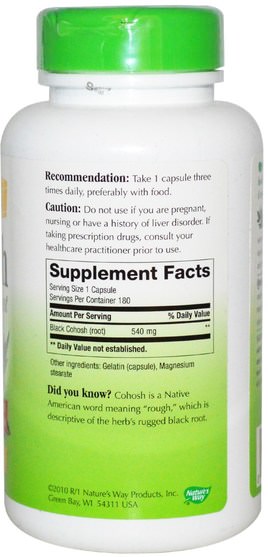 健康，女性，黑升麻 - Natures Way, Black Cohosh Root, 540 mg, 180 Capsules