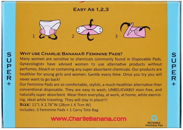 健康，女性 - Charlie Banana, 3 Super + Feminine Pads, Floralie, 3 Pads