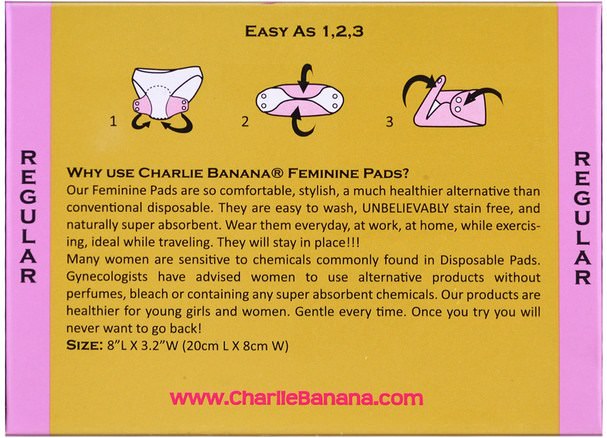 健康，女性 - Charlie Banana, Regular Feminine Pads, Floralie, 3 Pads
