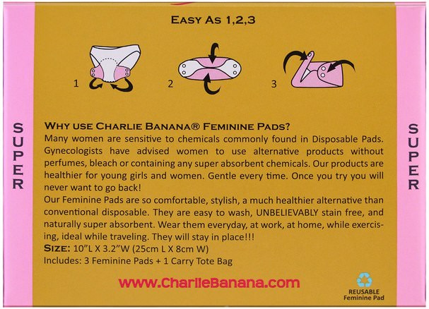 健康，女性 - Charlie Banana, Super Feminine Pads, Floralie, 3 Pads