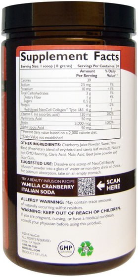 健康，女性，透明質酸，美容 - Neocell, Beauty Infusion, Refreshing Collagen Drink Mix, Cranberry Cocktail, 11.64 oz (330 g)