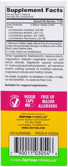 健康，女性 - Jarrow Formulas, Jarro-Dophilus Probiotics, Women, 5 Billion, 60 Enteric Coated Veggie Caps