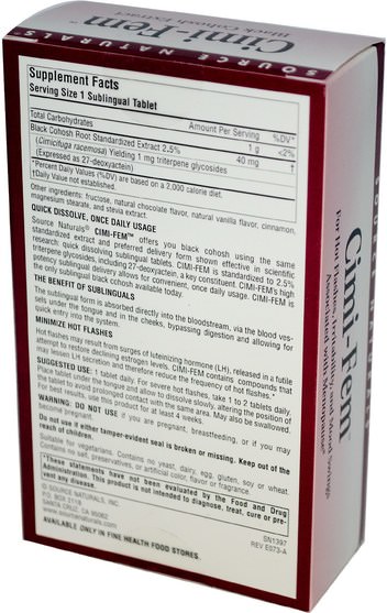 健康，女性，更年期 - Source Naturals, Cimi-Fem, Black Cohosh Extract, Menopause, Chocolate Flavor, 40 mg, 60 Sublingual Tablets