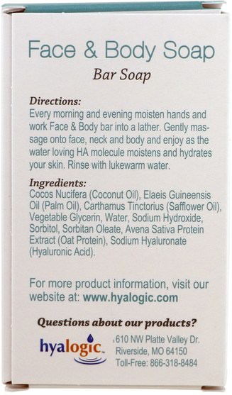健康，女性，皮膚，美容，痤瘡外用產品 - Hyalogic Face & Body Soap, With Hyaluronic Acid, 4 oz (113.4 g)