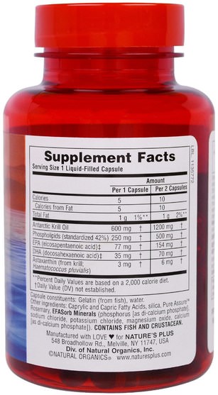 健康，女性，補品，efa omega 3 6 9（epa dha），磷蝦油 - Natures Plus, Omega Krill Oil, 600 mg, 60 Liquid-Filled Capsules