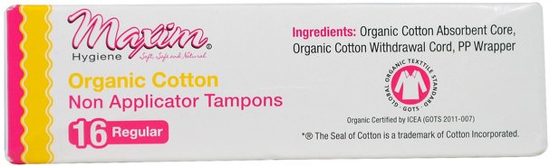 健康，女人，女人 - Maxim Hygiene Products, Organic Cotton, Non Applicator Tampons, Regular, 16 Tampons