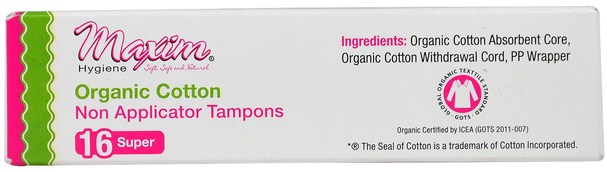 健康，女人，女人 - Maxim Hygiene Products, Organic Cotton, Non Applicator Tampons, Super, 16 Tampons