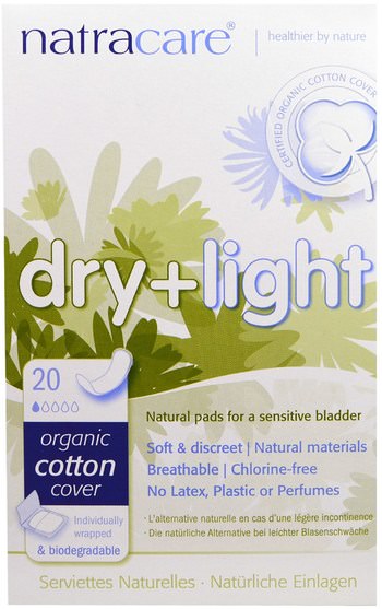 健康，女人，女人 - Natracare, Dry + Light, Organic Cotton Cover, 20 Individually Wrapped Pads