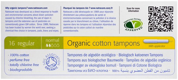 健康，女人，女人 - Natracare, Organic Cotton Tampons, Regular, 16 Tampons