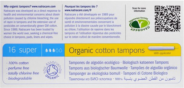 健康，女人，女人 - Natracare, Organic Cotton Tampons, Super, 16 Tampons