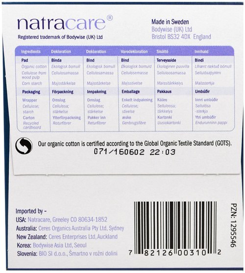 健康，女人，女人 - Natracare, Ultra Pads, Organic Cotton Cover, Long, 10 Pads