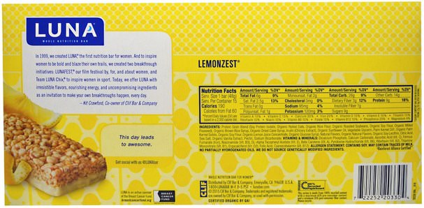 健康，女性，女性運動產品 - Clif Bar, Luna Whole Nutrition Bar, Lemonzest, 15 Bars, 1.69 oz (48 g) Each