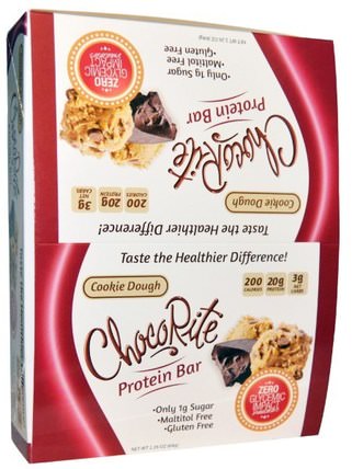 ChocoRite, Cookie Dough, Protein Bar, 12 Bars, 2.26 oz (64 g) Each by HealthSmart Foods, 熱敏產品，運動，蛋白棒 HK 香港