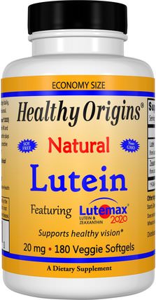 Lutein, Natural, 20 mg, 180 Veggie Softgels by Healthy Origins, 補充劑，抗氧化劑，葉黃素 HK 香港