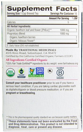 健康 - Traditional Medicinals, Herbal Teas, Organic Hawthorn with Hibiscus, Naturally Caffeine Free Herbal Tea, 16 Wrapped Tea Bags, 1.13 oz (32 g)