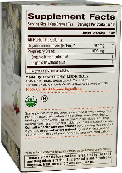 健康 - Traditional Medicinals, Herbal Teas, Organic Linden Flower, Naturally Caffeine Free, 16 Tea Bags, 1.02 oz (28.8 g)