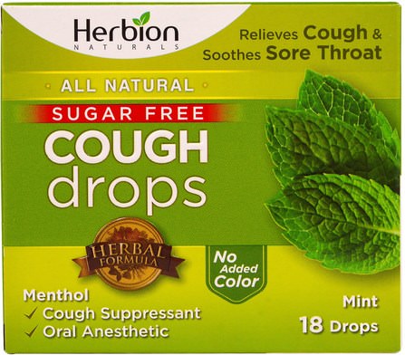 Cough Drops, Sugar Free, Mint, 18 Drops by Herbion, 健康，肺和支氣管，咳嗽滴 HK 香港