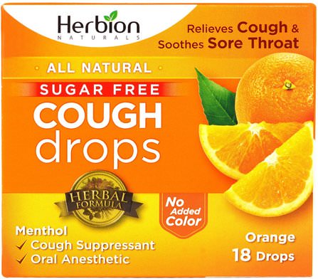 Cough Drops, Sugar Free, Orange, 18 Drops by Herbion, 健康，肺和支氣管，咳嗽滴 HK 香港