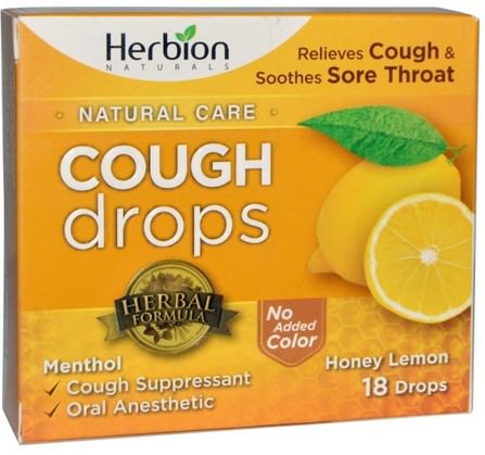 Natural Care, Cough Drops, Honey Lemon, 18 Drops by Herbion, 健康，肺和支氣管，咳嗽滴 HK 香港