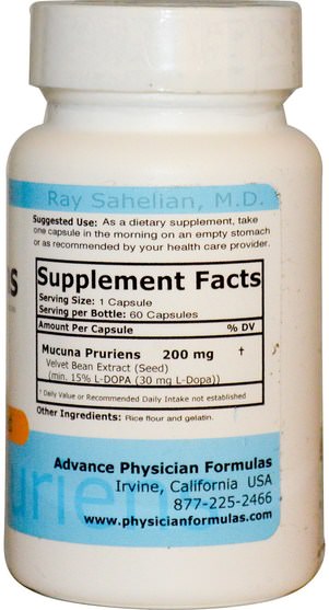 草藥，阿育吠陀阿育吠陀草藥，mucuna - Advance Physician Formulas, Mucuna Pruriens, 200 mg, 60 Capsules
