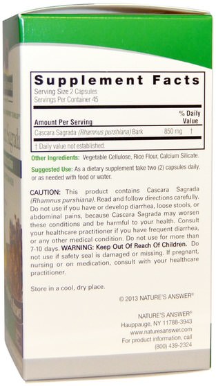 草藥，cascara sagrada - Natures Answer, Cascara Sagrada, Full Spectrum Herb, 850 mg, 90 Vegetarian Capsules