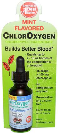 ChlorOxygen, Chlorophyll Concentrate, Alcohol Free, Mint Flavored, 1 fl oz (29.5 ml) by Herbs Etc., 補充劑，葉綠素，健康 HK 香港