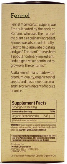 草藥，茴香 - Alvita Teas, Organic Fennel Tea, Caffeine Free, 24 Tea Bags, 1.98 oz (56 g)