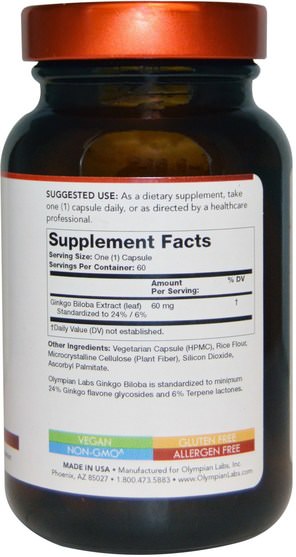草藥，銀杏葉 - Olympian Labs Ginkgo Biloba, 60 mg, 60 Veggie Caps