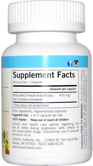 草藥，葛根，藥物濫用，成癮 - Eclectic Institute, Kudzu, 450 mg, 90 Non-GMO Veggie Caps