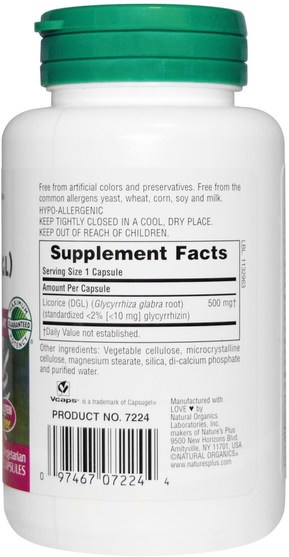 草藥，甘草根（dgl） - Natures Plus, Herbal Actives, Licorice (DGL), 500 mg, 60 Veggie Caps