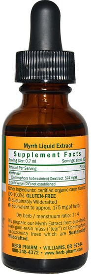 草藥，沒藥膠 - Herb Pharm, Myrrh, Sun-Dried Tree Resin, 1 fl oz (30 ml)