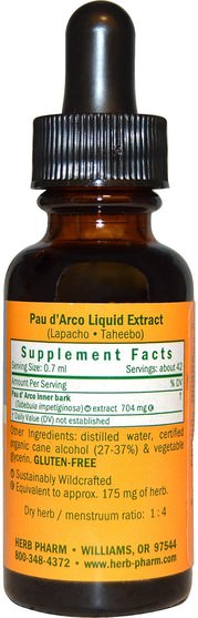 草藥，保羅達爾科 - Herb Pharm, Pau dArco, Inner Bark, 1 fl oz (30 ml)