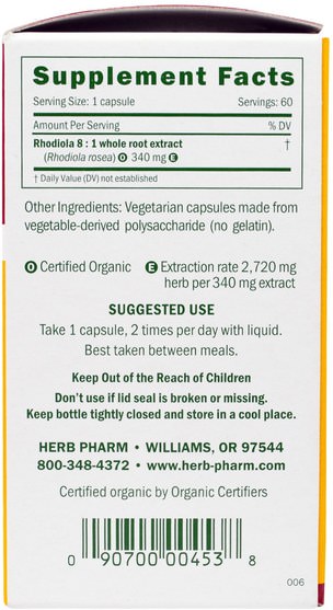 草藥，紅景天，適應原 - Herb Pharm, Rhodiola, 340 mg, 60 Veggie Caps