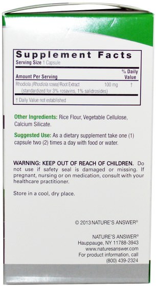 草藥，紅景天，適應原 - Natures Answer, Rhodiola Rosea, 100 mg, 60 Vegetarian Capsules