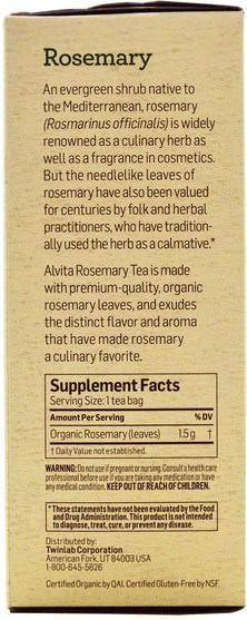 草藥，迷迭香 - Alvita Teas, Organic Rosemary Tea, Caffeine Free, 24 Tea Bags, 1.27 oz (36 g)