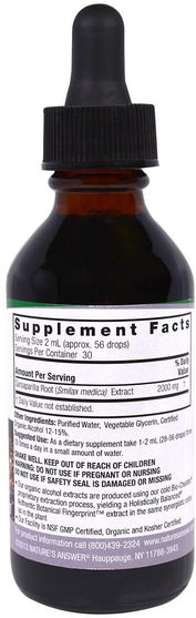 草藥，sarsaparilla提取物smilax - Natures Answer, Sarsaparilla, Low Organic Alcohol, 2000 mg, 2 fl oz (60 ml)