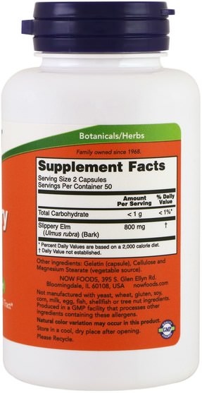 草藥，滑榆樹 - Now Foods, Slippery Elm, 400 mg, 100 Capsules