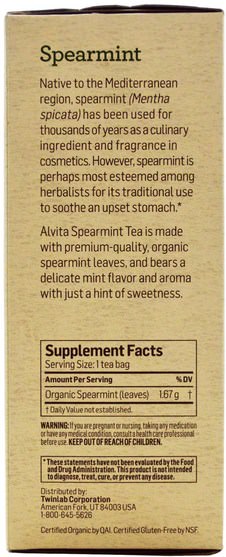 草藥，留蘭香 - Alvita Teas, Organic Spearmint Tea, Caffeine Free, 24 Tea Bags, 1.42 oz (40 g)