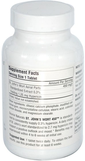 草藥，聖。約翰斯麥汁 - Source Naturals, St. Johns Wort 450, 450 mg, 180 Tablets