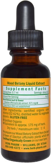 草藥，木貝蒂 - Herb Pharm, Wood Betony, 1 fl oz (30 ml)