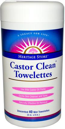 Castor Clean Towelettes, Unscented, 40 Wet Towelettes, (5 in x 8 in) Each by Heritage Stores, 健康，皮膚，蓖麻油 HK 香港
