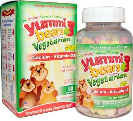 Yummi Bears, Calcium + Vitamin D3, Vegetarian, Sour, 90 Gummy Bears by Hero Nutritional Products, 補充劑，礦物質，鈣，咀嚼鈣，兒童健康，兒童gummies HK 香港