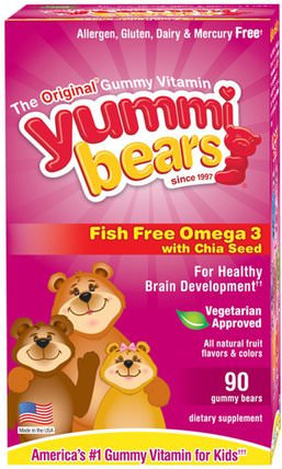 Yummi Bears, Fish Free Omega 3 with Chia Seed, All Natural Fruit Flavors, 90 Gummy Bears by Hero Nutritional Products, 兒童健康，補充兒童，efa歐米茄3 6 9（epa dha），歐米茄369 gummies HK 香港