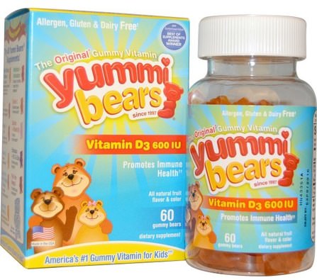 Yummi Bears, Vitamin D3, 600 IU, 60 Gummy Bears by Hero Nutritional Products, 維生素，維生素D3，兒童補品 HK 香港