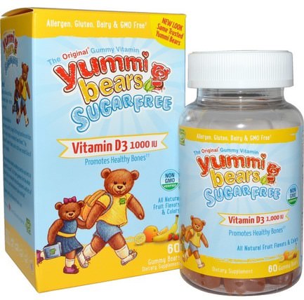 Yummi Bears, Vitamin D3, Sugar Free, Fruit Flavors, 1000 IU, 60 Gummy Bears by Hero Nutritional Products, 兒童健康，補充兒童，維生素D3，維生素D gummies HK 香港