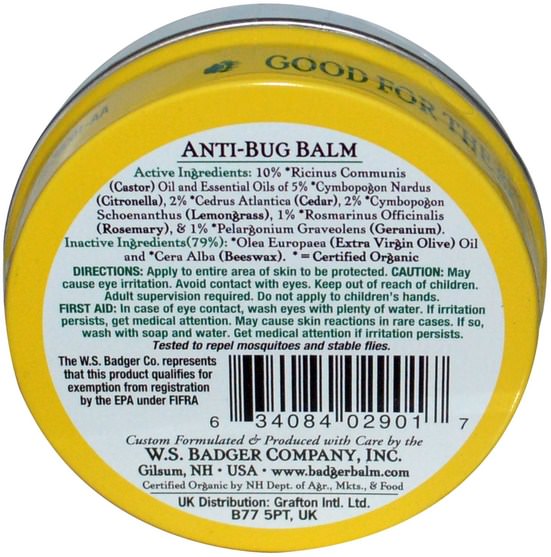 家庭，蟲子和驅蟲劑 - Badger Company, Anti-Bug Balm, Citronella & Rosemary, 2 oz (56 g)